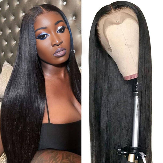 Center Wig 13x4 Straight HD Lace Front Wig Natural Black Remy Hair
